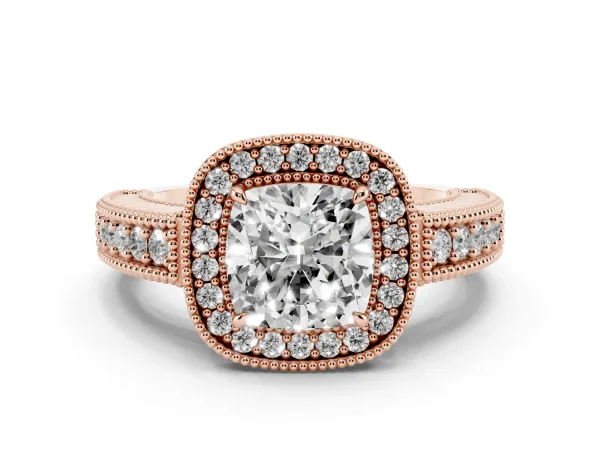 Cushion Cut Cut Halo Diamond Ring with Pavé Band and Four-Prong Setting Rose gold