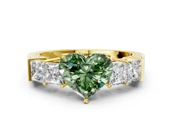 Fancy Green Heart Cut Solitaire Princess Side Stone Engraved Band Prong Setting Ring Yellow gold
