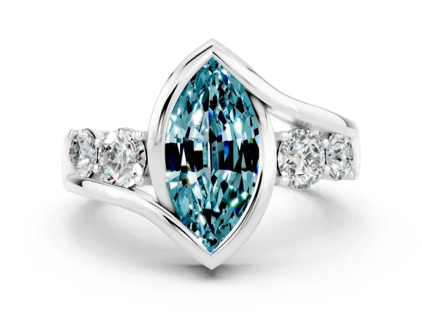 Bezel Set Marquise Cut Blue Topaz Bypass Ring with Round Accents Platinum