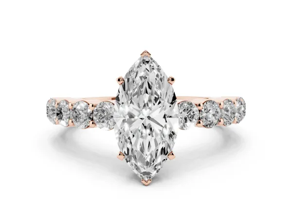 Marquise Cut Diamond Solitaire Ring with Shared Prong Round Side Stones Rose gold
