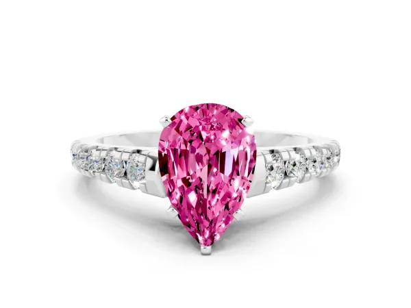 Pear Cut Pink Sapphire Cathedral Solitaire Ring with Round Pavé Band White gold