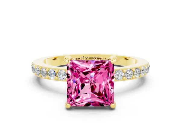 Princess Cut Pink Sapphire Solitaire Engagement Ring with Pavé Band and Four-Prong Setting Yellow gold