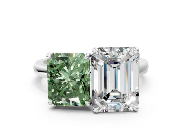 Fancy Green Radiant Cut and Emerald Cut Toi Moi Ring with Prong Setting White gold