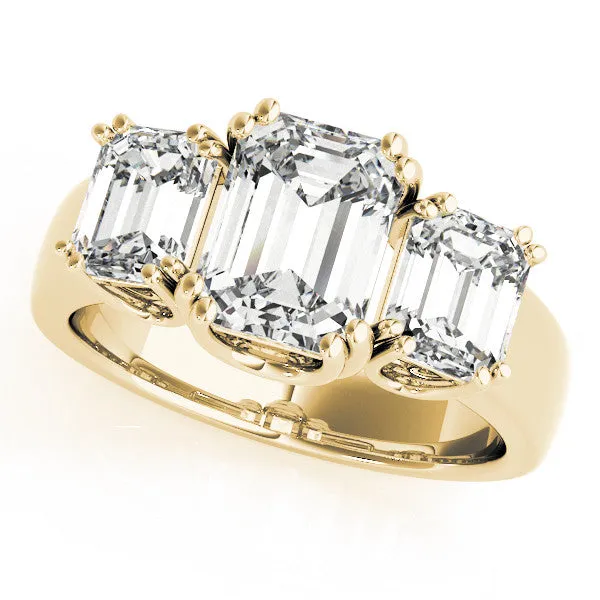 Three-Stone Asscher Cut Cut Diamond Ring with Channel Set Band and Four-Prong Setting Yellow gold