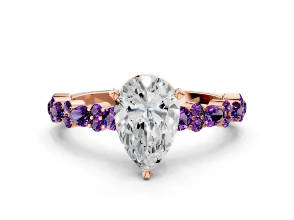 Pear Cut Diamond Side Stone Solitaire Ring with Round Amethyst and Four-Prong Setting Rose gold