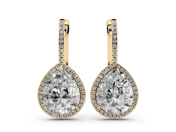 Pear Diamond Halo Leverback Drop Earrings with Round Diamond Accents Yellow gold