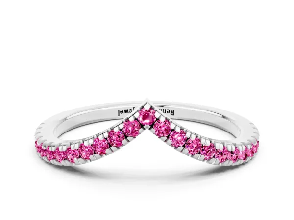 Pavé Round Pink Sapphire V-Shaped Chevron Band with Shared Prong Setting Platinum