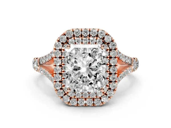 Radiant Cut Diamond Pavé Split Shank Double Halo Engagement Ring Rose gold