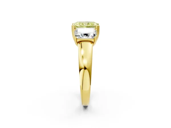 Fancy Yellow Three-Stone Radiant Cut Cut Diamond Ring with Channel Set Band and Four-Prong Setting Yellow gold