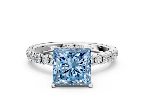 Fancy Blue Princess Cut Diamond Pave Band Solitaire Ring with Round and Prong Setting Platinum