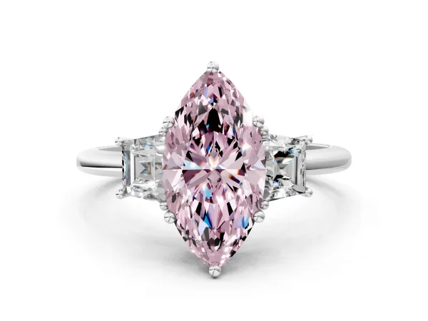 Fancy Pink Marquise Cut Diamond Three-Stone Ring with Trapezoid Side Stones and Prong Setting Platinum