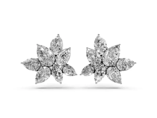 Pear and Marquise Diamond Floral Cluster Stud Earrings Platinum