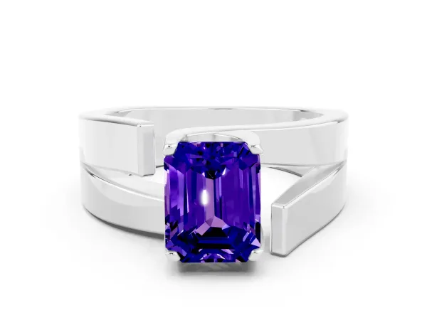 Modern Tension Set Emerald Cut Tanzanite Solitaire Wide Band Ring Platinum