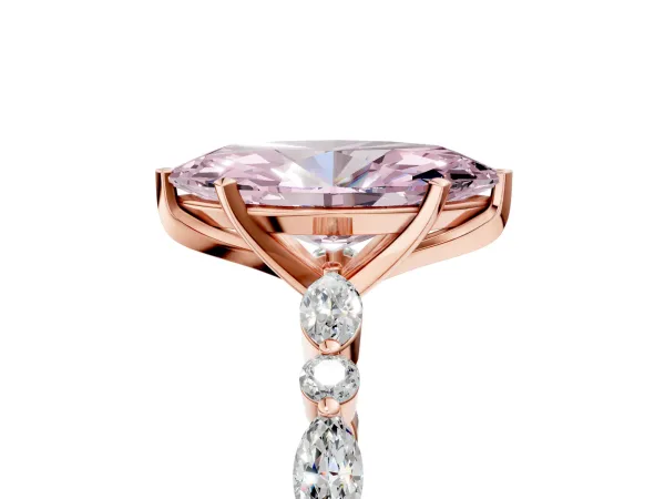 Fancy Pink Marquise Cut Diamond Ring with Marquise and Round Side Stones and Four-Prong Setting Rose gold