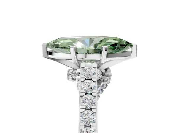 Fancy Green Marquise Cut Diamond Solitaire Ring with Crossover Gallery and Round Pavé Band Silver