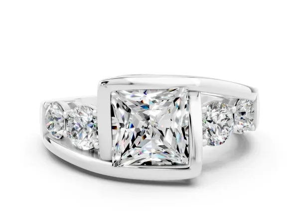 Bezel Set Princess Cut Moissanite Bypass Ring with Round Accents Platinum