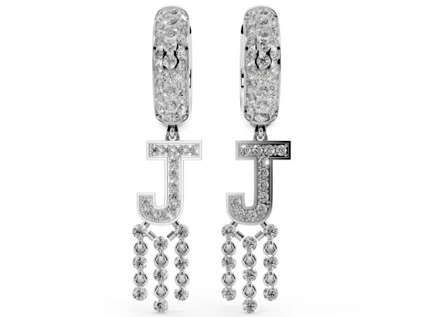 Round Diamond Initial J Huggie Hoop Earrings Platinum