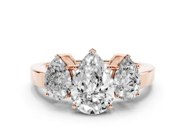 Three-Stone Pear Cut Cut Diamond Engagement Ring with Flat Band and Four-Prong Setting Rose gold