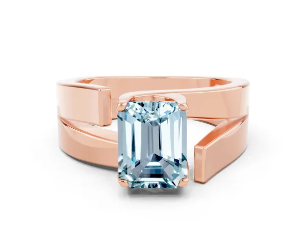 Modern Tension Set Emerald Cut Aquamarine Solitaire Wide Band Ring Rose gold