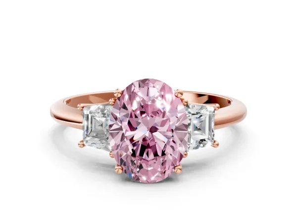 Fancy Pink Oval Cut Diamond Three-Stone Ring with Trapezoid Side Stones and Prong Setting Rose gold