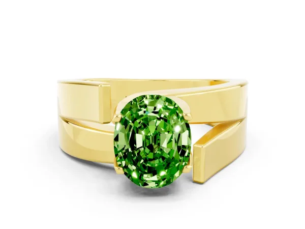 Modern Tension Set Oval Cut Peridot Solitaire Wide Band Ring Yellow gold