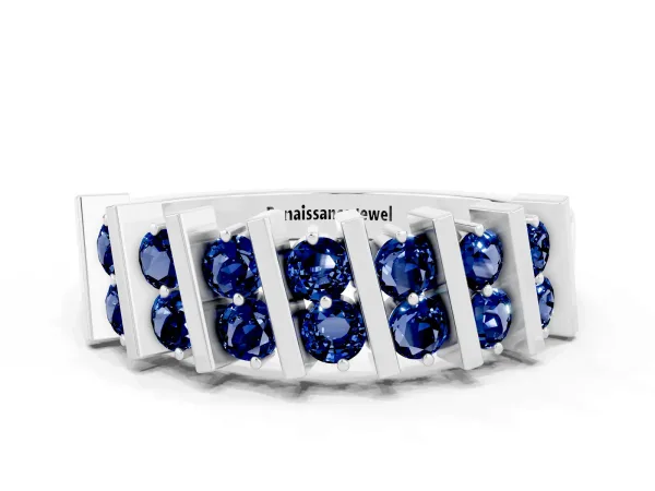 Channel Set Round Blue Sapphire Anniversary Band with Vertical Prongs Platinum