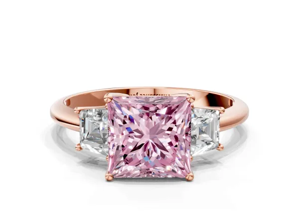 Fancy Pink Princess Cut Diamond Three-Stone Ring with Trapezoid Side Stones and Prong Setting Rose gold