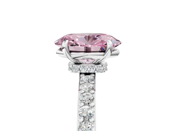 Fancy Pink Oval Cut Diamond Solitaire Engagement Ring with Pavé Band and Four-Prong Setting Platinum
