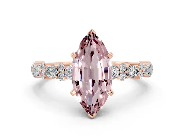 Marquise Cut Morganite Side Stone Solitaire Ring with Round and Four-Prong Setting Rose gold