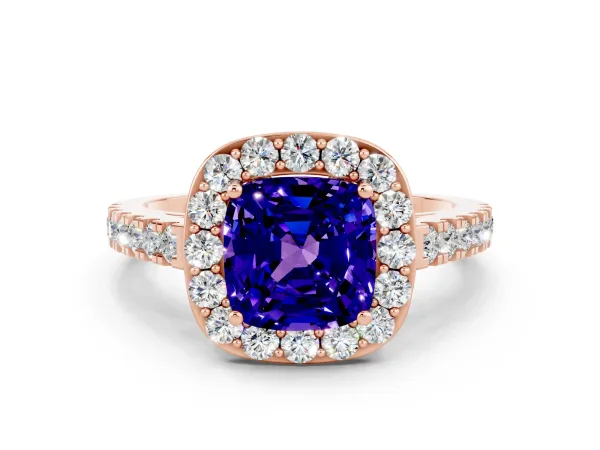 Cushion Cut Tanzanite Halo Ring with Round Pavé Split Shank and Prong Setting Rose gold