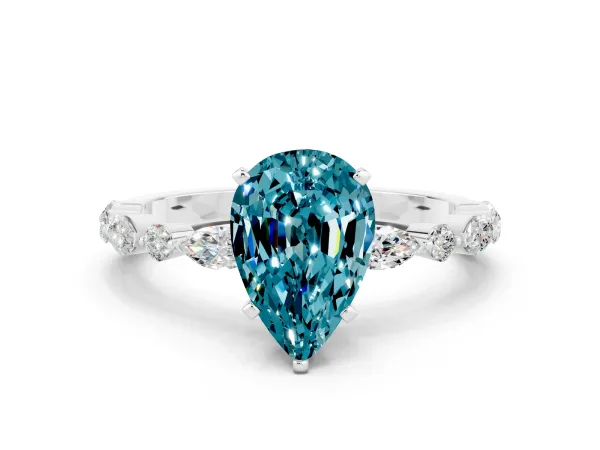 Pear Cut Blue Topaz Ring with Marquise and Round Side Stones and Four-Prong Setting White gold