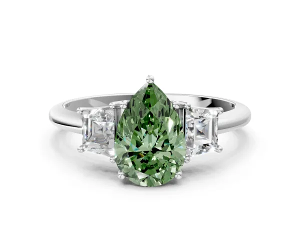 Fancy Green Pear Cut Diamond Three-Stone Ring with Trapezoid Side Stones and Prong Setting Platinum