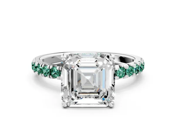 Asscher Cut Diamond Pave Band Solitaire Ring with Round Green Sapphire and Prong Setting Platinum