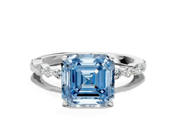 Fancy Blue Asscher Cut Diamond Ring with Marquise and Round Side Stones and Four-Prong Setting Platinum