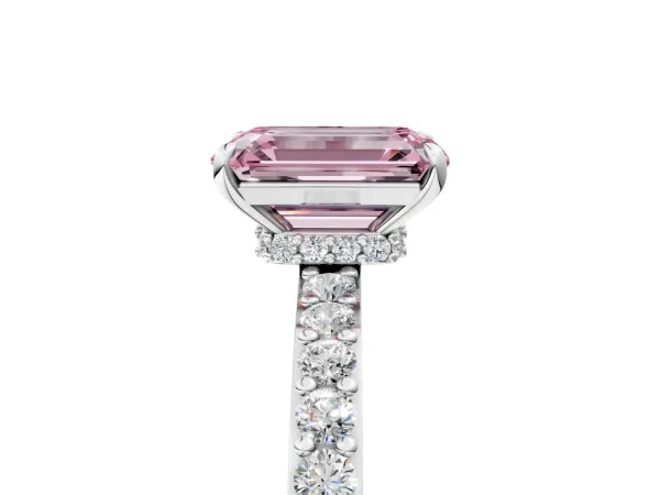 Fancy Pink Emerald Cut Diamond Solitaire Engagement Ring with Pavé Band and Four-Prong Setting Platinum