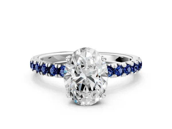 Oval Cut Diamond Pave Band Solitaire Ring with Round Blue Sapphire and Prong Setting White gold