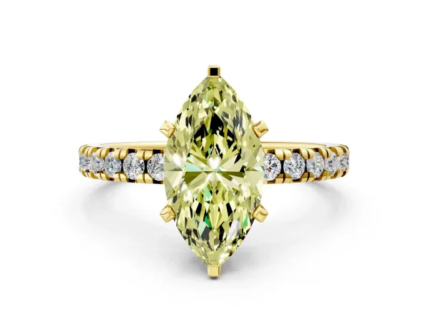 Fancy Yellow Marquise Cut Diamond Solitaire Pavé Engagement Ring with Round Band and Prong Setting Yellow gold