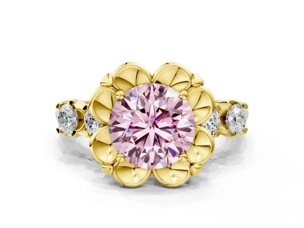 Fancy Pink Round Cut Cut Diamond Floral Halo Engagement Ring with Shared Prong Setting Yellow gold