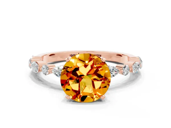 Round Cut Citrine Ring with Marquise and Round Side Stones and Four-Prong Setting Rose gold