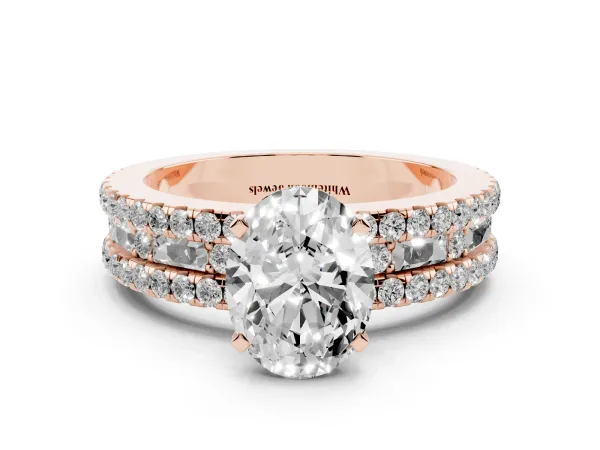 Oval Cut Diamond Solitaire Ring with Pavé and Channel Set Band Rose gold