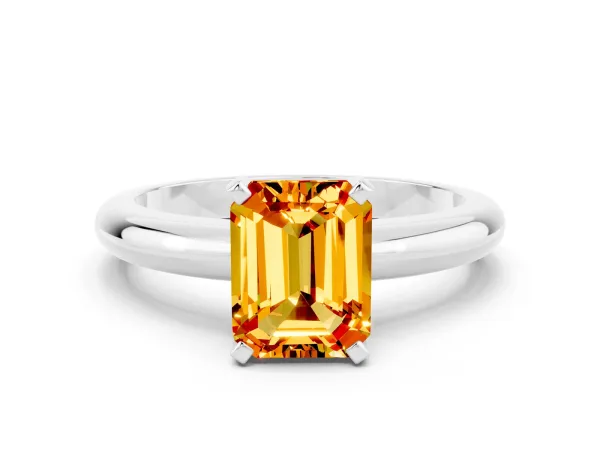 Emerald Cut Citrine Solitaire Engagement Ring with Round Band and Four-Prong Setting Silver
