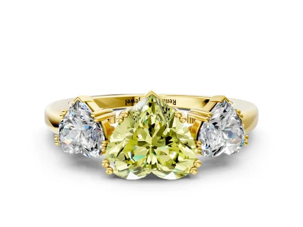 Fancy Yellow Three-Stone Heart Cut Cut Diamond Ring with Channel Set Band and Four-Prong Setting Yellow gold