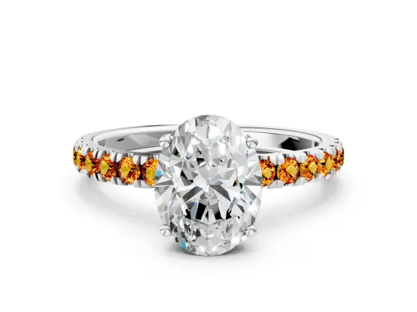 Oval Cut Diamond Pave Band Solitaire Ring with Round Citrine and Prong Setting White gold