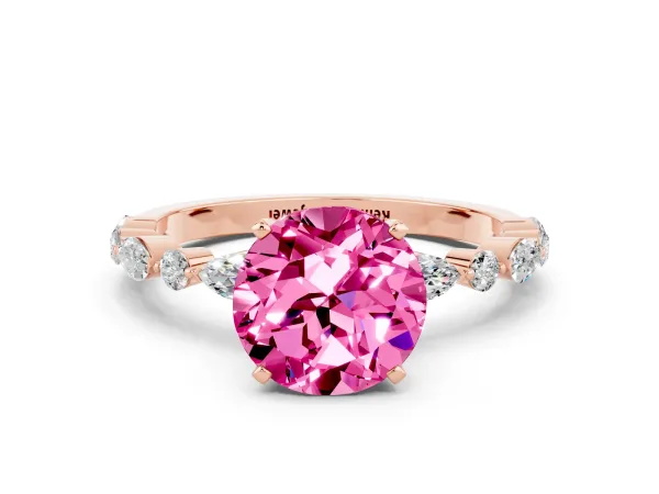 Round Cut Pink Sapphire Ring with Marquise and Round Side Stones and Four-Prong Setting Rose gold