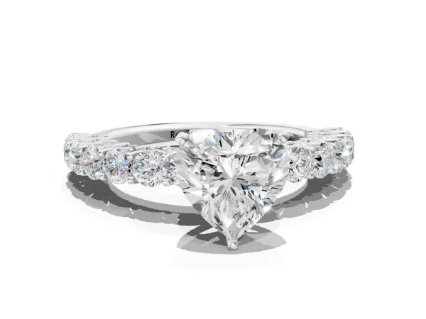 Heart Cut Diamond Solitaire Ring with Shared Prong Pavé Band and Four-Prong Setting Silver