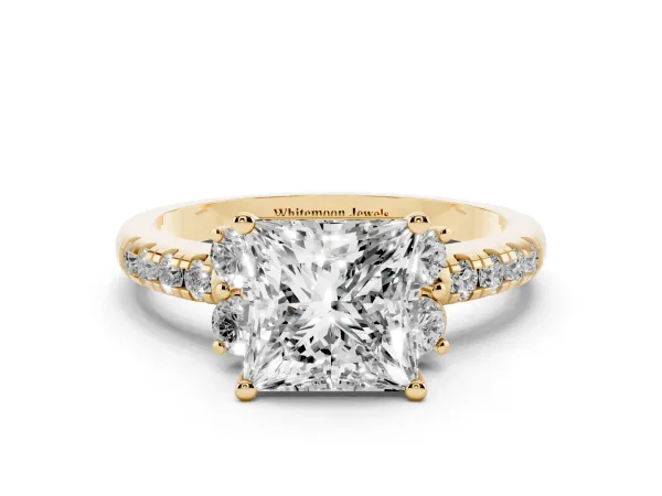 Princess Cut Diamond Three-Stone Pave Band with Four-Prong Setting Yellow gold