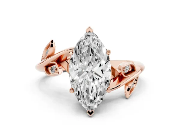 Marquise Cut Solitaire Twist Engagement Ring with Leaf Accents and Prong Setting Rose gold