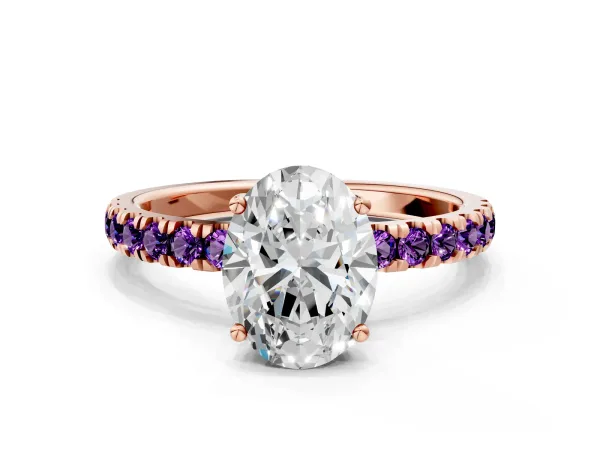 Oval Cut Diamond Pave Band Solitaire Ring with Round Amethyst and Prong Setting Rose gold