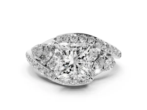 Princess Cut Diamond Halo Ring with Marquise and Pavé Band in Prong Setting White gold
