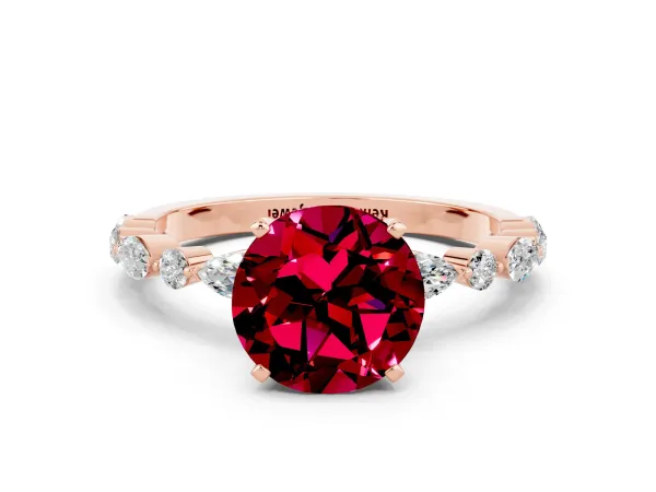 Round Cut Garnet Ring with Marquise and Round Side Stones and Four-Prong Setting Rose gold